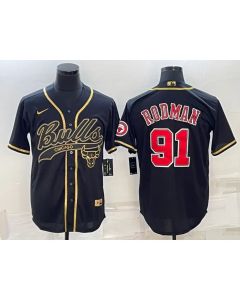 Men's Chicago Bulls #91 Dennis Rodman Black Gold With Patch Cool Base Stitched Baseball Jersey