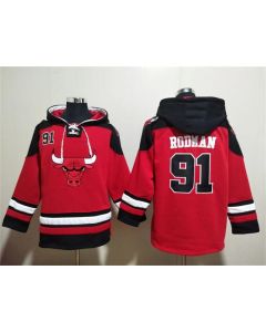 Men's Chicago Bulls #91 Dennis Rodman Red/Black Ageless Must-Have Lace-Up Pullover Hoodie
