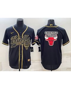 Men's Chicago Bulls Black Gold Team Big Logo Cool Base Stitched Baseball Jersey