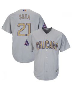 Men's Chicago Cubs #21 Sammy Sosa World Series Champions Grey Program Cool Base Stitched MLB Jersey