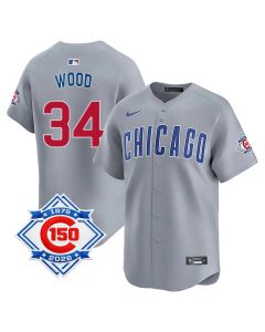 Men's Chicago Cubs #34 Kerry Wood Grey Road Vapor Limited 150th Anniversary Authentic Lettering Jersey