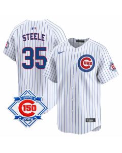 Men's Chicago Cubs #35 Justin Steele White Home Vapor Limited 150th Anniversary Authentic Lettering Jersey