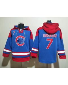 Men's Chicago Cubs #7 Dansby Swanson Royal/Red Ageless Must-Have Lace-Up Pullover Hoodie