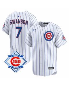Men's Chicago Cubs #7 Dansby Swanson White Nike Home Vapor Limited 150th Anniversary Authentic Lettering Jersey (White)