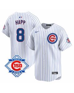 Men's Chicago Cubs #8 Ian Happ White Nike Home Vapor Limited 150th Anniversary Authentic Lettering Jersey