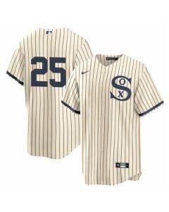Men's Chicago White Sox #25 Andrew Vaughn 2021 Cream/Navy Field of Dreams Cool Base Stitched Jersey