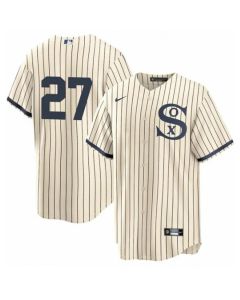 Men's Chicago White Sox #27 Lucas Giolito 2021 Cream/Navy Field of Dreams Cool Base Stitched Jersey