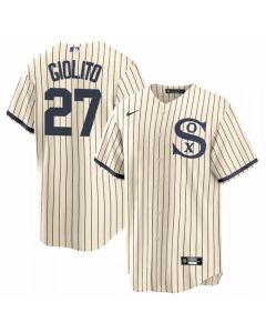 Men's Chicago White Sox #27 Lucas Giolito 2021 Cream/Navy Name&Number Field of Dreams Cool Base Stitched Jersey
