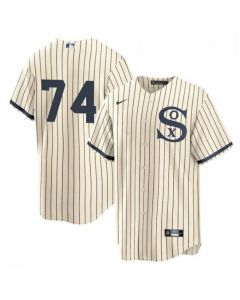 Men's Chicago White Sox #74 Eloy Jimenez 2021 Cream/Navy Field of Dreams Cool Base Stitched Jersey