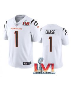 Men's Cincinnati Bengals #1 Ja'Marr Chase 2022 White Super Bowl LVI Vapor Limited Stitched Jersey