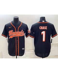Men's Cincinnati Bengals #1 Ja'Marr Chase Black With Patch Cool Base Stitched Baseball Jersey