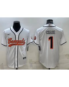 Men's Cincinnati Bengals #1 Ja'Marr Chase White With Patch Cool Base Stitched Baseball Jersey