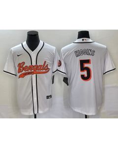 Men's Cincinnati Bengals #5 Tee Higgins White With Patch Cool Base Stitched Baseball Jersey