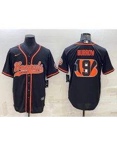 Men's Cincinnati Bengals #9 Joe Burrow Black Team Big Logo With Patch Cool Base Stitched Baseball Jersey