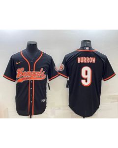 Men's Cincinnati Bengals #9 Joe Burrow Black With Patch Cool Base Stitched Baseball Jersey