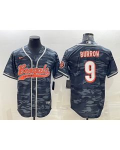 Men's Cincinnati Bengals #9 Joe Burrow Grey Camo With Patch Cool Base Stitched Baseball Jersey