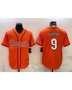 Men's Cincinnati Bengals #9 Joe Burrow Orange With Patch Cool Base Stitched Baseball Jersey