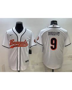 Men's Cincinnati Bengals #9 Joe Burrow White With Patch Cool Base Stitched Baseball Jersey