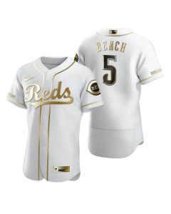 Men's Cincinnati Reds #5 Johnny Bench 2020 White Golden Flex Base Stitched MLB Jersey