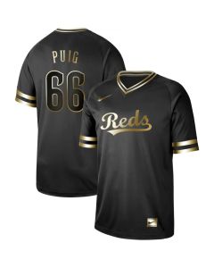 Men's Cincinnati Reds #66 Yasiel Puig Black Gold Stitched MLB Jersey