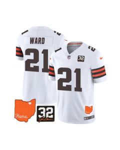 Men's Cleveland Browns #21 Denzel Ward White 2023 F.U.S.E. With Jim Brown Memorial Patch Vapor Untouchable Limited Stitched Jersey