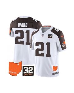 Men's Cleveland Browns #21 Denzel Ward White/Brown 2023 F.U.S.E. With Jim Brown Memorial Patch Vapor Untouchable Limited Stitched Jersey