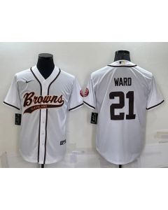 Men's Cleveland Browns #21 Denzel Ward White With Patch Cool Base Stitched Baseball Jersey