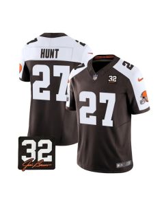 Men's Cleveland Browns #27 Kareem Hunt Brown/White 2023 F.U.S.E. With Jim Brown Memorial Patch Vapor Untouchable Limited Stitched Jersey