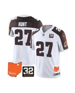 Men's Cleveland Browns #27 Kareem Hunt White/Brown 2023 F.U.S.E. With Jim Brown Memorial Patch Vapor Untouchable Limited Stitched Jersey