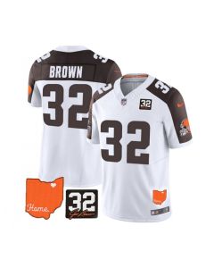 Men's Cleveland Browns #32 Jim Brown White/Brown 2023 F.U.S.E. With Jim Brown Memorial Patch Vapor Untouchable Limited Stitched Jersey