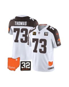 Men's Cleveland Browns #73 Joe Thomas White/Brown 2023 F.U.S.E. With Jim Brown Memorial Patch And 4-Star C Patch Vapor Untouchable Limited Stitched Jersey