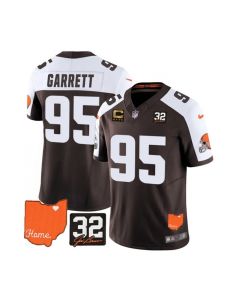 Men's Cleveland Browns #95 Myles Garrett Brown/White 2023 F.U.S.E. With Jim Brown Memorial Patch And 4-Star C Patch Vapor Untouchable Limited Stitched Jersey