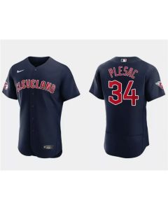 Men's Cleveland Guardians #34 Zach Plesac Navy Flex Base Stitched Jersey