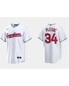 Men's Cleveland Guardians #34 Zach Plesac White Cool Base Stitched Jersey