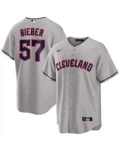 Men's Cleveland Guardians #57 Shane Bieber Grey Cool Base Stitched Jersey