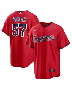 Men's Cleveland Guardians #57 Shane Bieber Red Cool Base Stitched Baseball Jersey