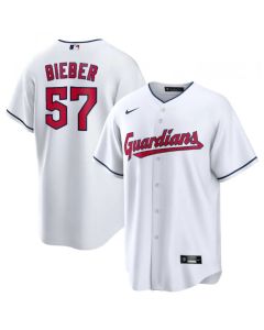 Men's Cleveland Guardians #57 Shane Bieber White Cool Base Stitched Baseball Jersey