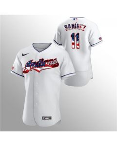 Men's Cleveland indians #11 Jose Ramirez White 2020 Stars & Stripes Flex Base Stitched Jersey