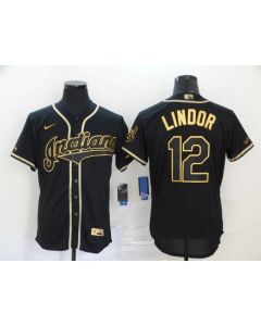 Men's Cleveland indians #12 Francisco Lindor 2020 Black Golden Flex Base Stitched MLB Jersey