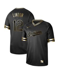Men's Cleveland indians #12 Francisco Lindor Black Gold Stitched MLB Jersey