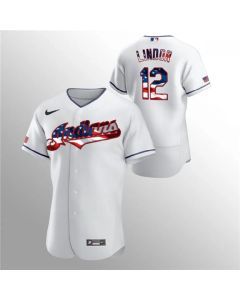 Men's Cleveland indians #12 Francisco Lindor White 2020 Stars & Stripes Flex Base Stitched Jersey