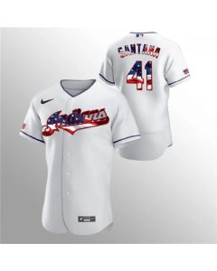 Men's Cleveland indians #41 Carlos Santana White 2020 Stars & Stripes Flex Base Stitched Jersey
