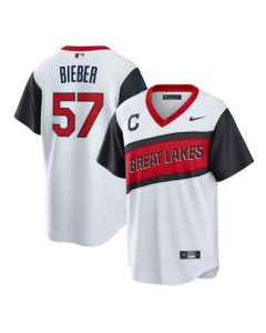 Men's Cleveland indians #57 Shane Bieber 2021 White Little League Classic Home Cool Base Stitched Baseball Jersey