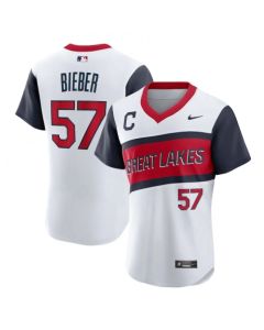 Men's Cleveland indians #57 Shane Bieber 2021 White Little League Classic Home Flex Base Stitched Baseball Jersey