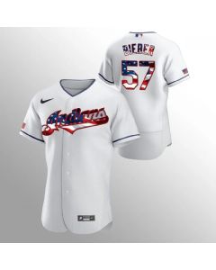 Men's Cleveland indians #57 Shane Bieber White 2020 Stars & Stripes Flex Base Stitched Jersey
