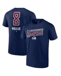 Men's Colorado Avalanche #8 Cale Makar Navy 2022 Stanley Cup Champions Banner Name & Number T-Shirt