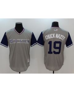 Men's Colorado Rockies #19 Charlie Blackmon "Chuck Nazty" Grey Stitched Jersey