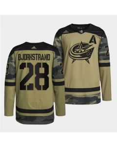 Men's Columbus Blue Jackets #28 Oliver Bjorkstrand 2022 Camo Military Appreciation Night Stitched Jersey