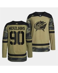 Men's Columbus Blue Jackets #90 Elvis Merzlikins 2022 Camo Military Appreciation Night Stitched Jersey
