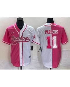 Men's Dallas Cowboys #11 Micah Parsons Pink/White Split Cool Base Stitched Baseball Jersey